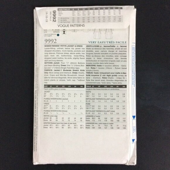 Very Easy Vogue Sewing Pattern 9992 Misses Jacket & Dress Sizes 14-16-18 Uncut - Picture 2 of 3